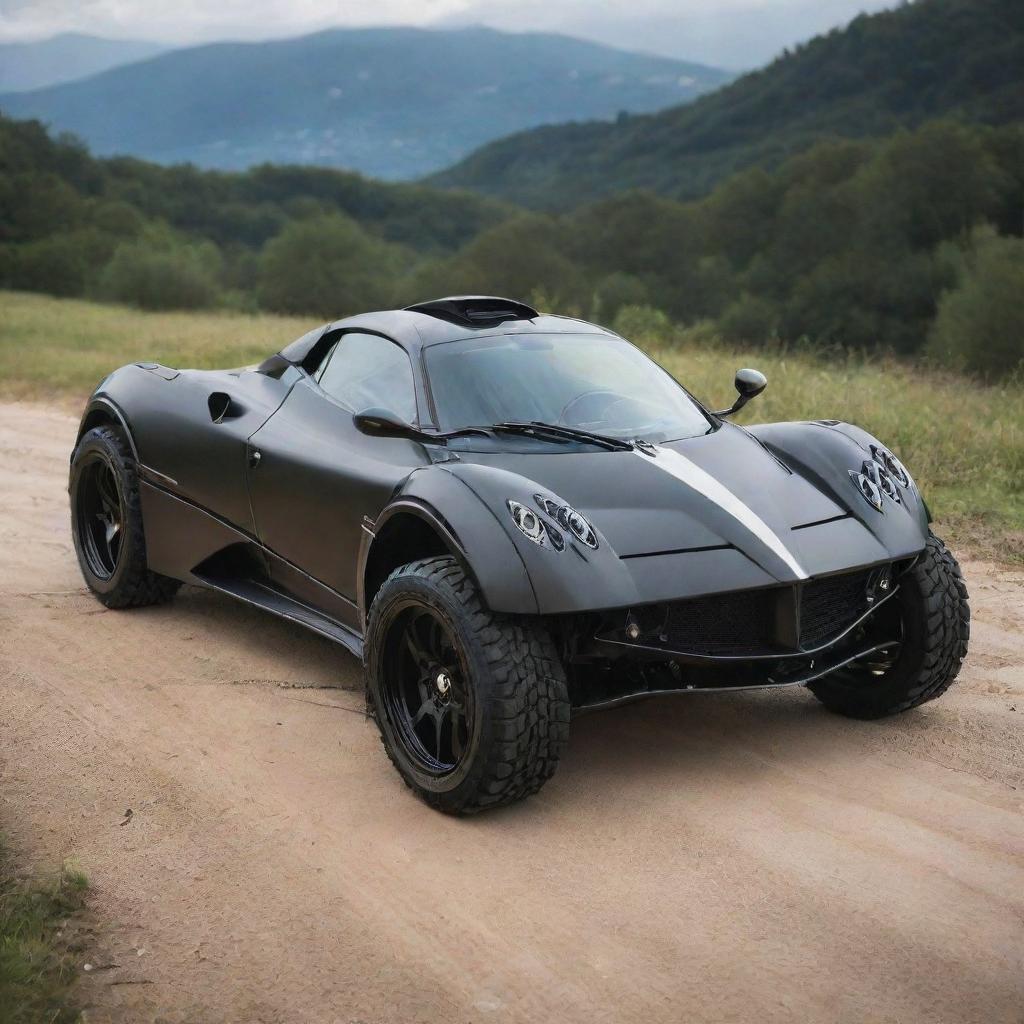 Pagani cars innovatively modified into off-road vehicles, equipped with strong tires, advanced suspension and protective bodywork for tackling rough terrain.