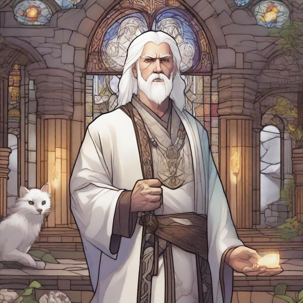 A young Dungeons & Dragons human cleric with white hair and redneck features