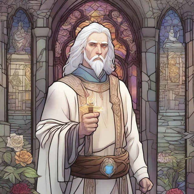 A young Dungeons & Dragons human cleric with white hair and redneck features