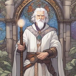 A young Dungeons & Dragons human cleric with white hair and redneck features