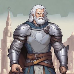 A young Dungeons & Dragons human cleric with grey hair and redneck features