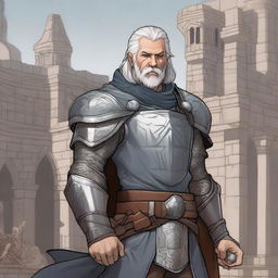 A young Dungeons & Dragons human cleric with grey hair and redneck features