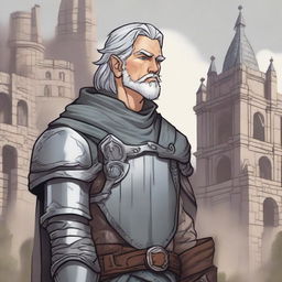 A young Dungeons & Dragons human cleric with grey hair and redneck features