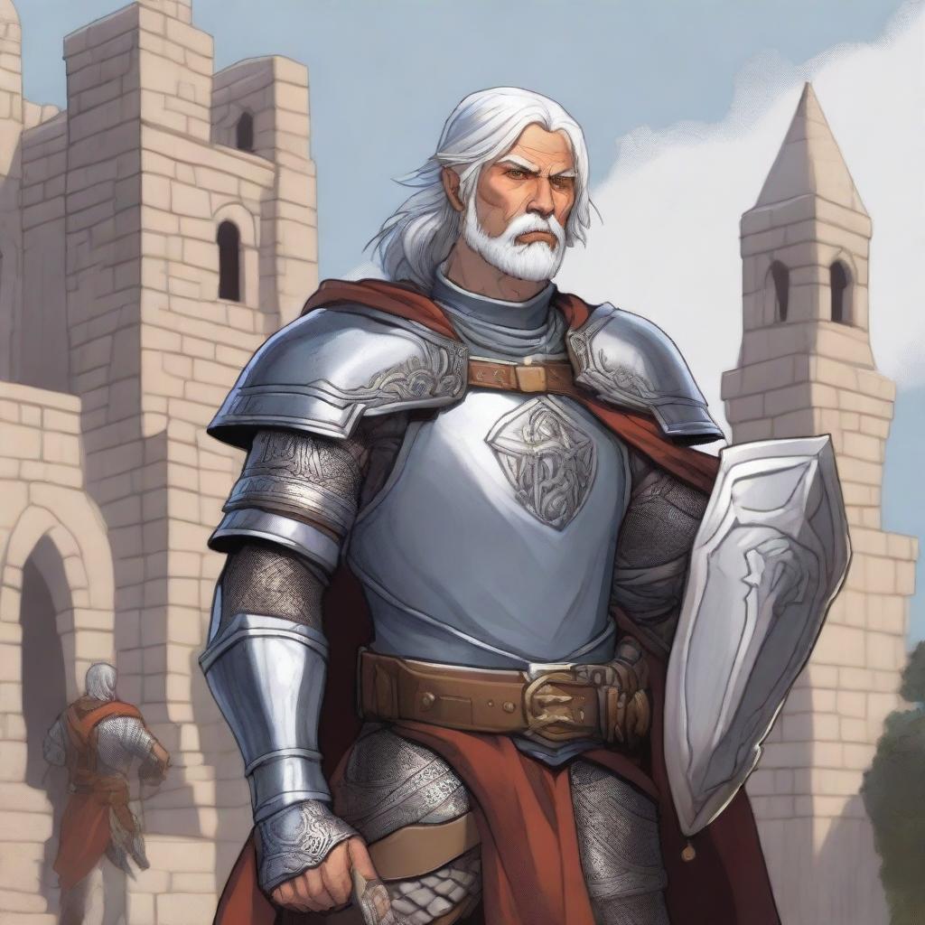 A young Dungeons & Dragons human cleric with grey hair and redneck features