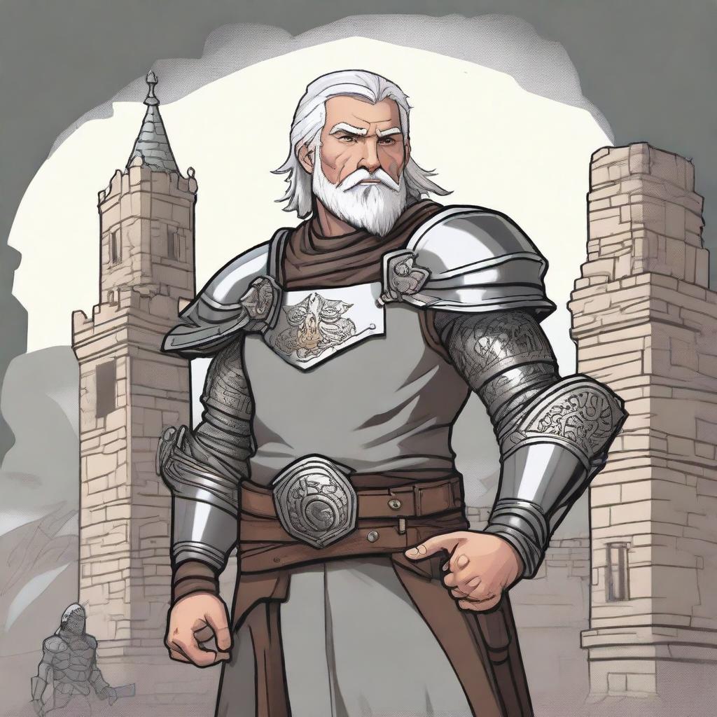 A young and happy Dungeons & Dragons human cleric with grey hair and redneck features