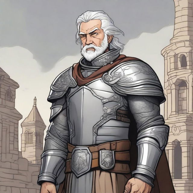 A young and happy Dungeons & Dragons human cleric with grey hair and redneck features