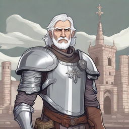 A young and happy Dungeons & Dragons human cleric with grey hair and redneck features