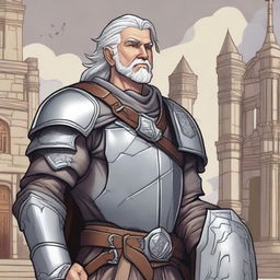 A young and happy Dungeons & Dragons human cleric with grey hair and redneck features