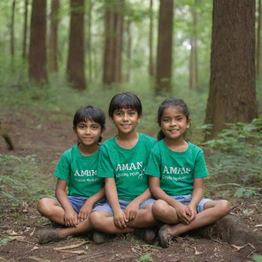 A girl and a boy sitting in a lush green forest. The girl wears a shirt with the name 'Aman' written on it, and the boy's shirt displays the name 'Rayan'.