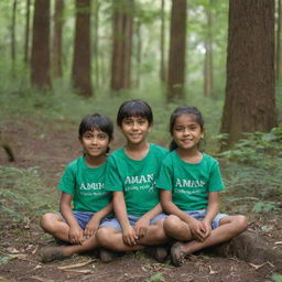 A girl and a boy sitting in a lush green forest. The girl wears a shirt with the name 'Aman' written on it, and the boy's shirt displays the name 'Rayan'.