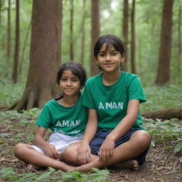 A girl and a boy sitting in a lush green forest. The girl wears a shirt with the name 'Aman' written on it, and the boy's shirt displays the name 'Rayan'.