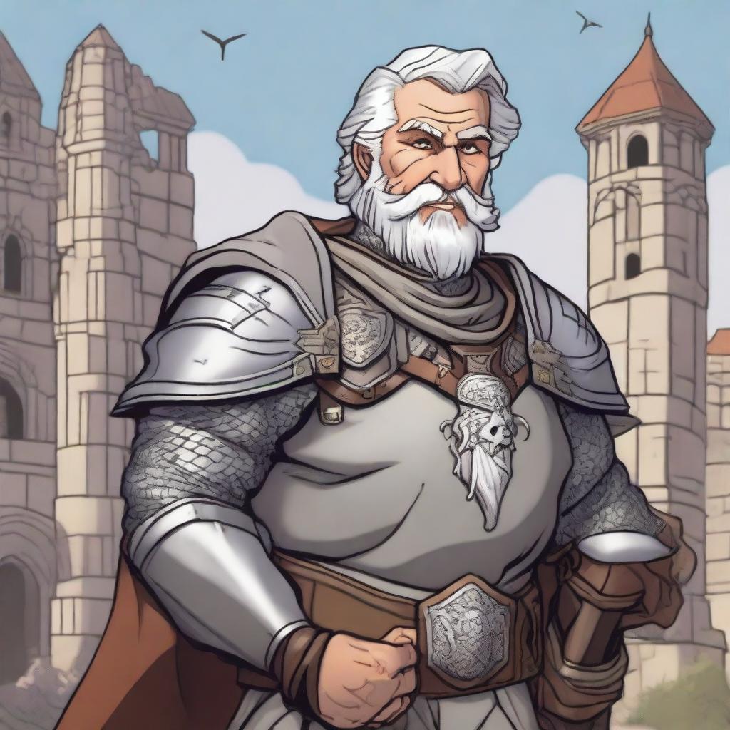 A grey-haired, happy Dungeons & Dragons human cleric with redneck features and no beard