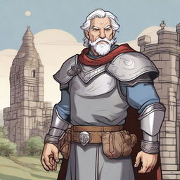 A grey-haired, happy Dungeons & Dragons human cleric with redneck features and no beard