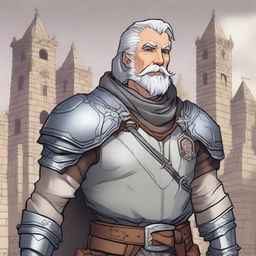 A grey-haired, happy Dungeons & Dragons human cleric with redneck features and no beard