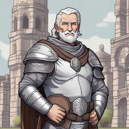 A grey-haired, happy Dungeons & Dragons human cleric with redneck features and no beard