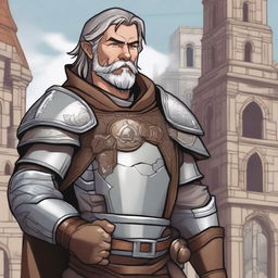 A brown and grey-haired, happy Dungeons & Dragons human cleric with redneck features and no beard