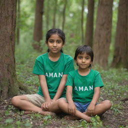 A girl and a boy sitting in a lush green forest. The girl wears a shirt with the name 'Aman' written on it, and the boy's shirt displays the name 'Rayan'.