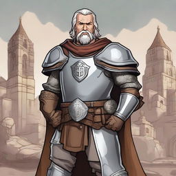 A brown and grey-haired, happy Dungeons & Dragons human cleric with redneck features and no beard