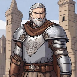 A brown and grey-haired, happy Dungeons & Dragons human cleric with redneck features and no beard