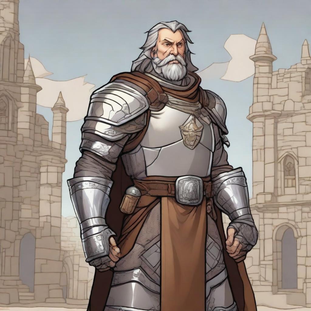 A brown and grey-haired, happy Dungeons & Dragons human cleric with redneck features and no beard