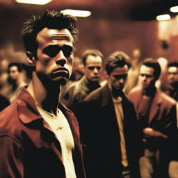 A gritty and intense scene inspired by Fight Club, featuring two men in a dimly lit underground setting, one with a bruised face and the other with a determined look