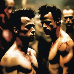 A gritty and intense scene inspired by Fight Club, featuring two men in a dimly lit underground setting, one with a bruised face and the other with a determined look