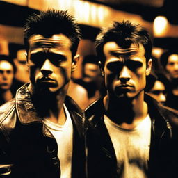 A gritty and intense scene inspired by Fight Club, featuring two men in a dimly lit underground setting, one with a bruised face and the other with a determined look