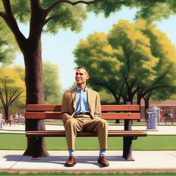 A heartwarming scene inspired by Forrest Gump, featuring Forrest sitting on a bench in a park with a box of chocolates in his lap