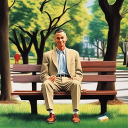 A heartwarming scene inspired by Forrest Gump, featuring Forrest sitting on a bench in a park with a box of chocolates in his lap