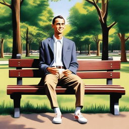 A heartwarming scene inspired by Forrest Gump, featuring Forrest sitting on a bench in a park with a box of chocolates in his lap