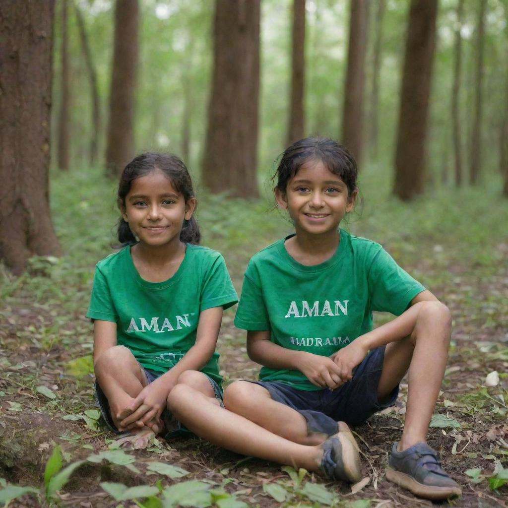 A girl and a boy sitting in a lush green forest. The girl wears a shirt with the name 'Aman' written on it, and the boy's shirt displays the name 'Rayan'.