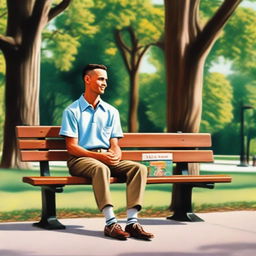 A heartwarming scene inspired by Forrest Gump, featuring Forrest sitting on a bench in a park with a box of chocolates in his lap