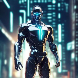 Create an image of a digital man, featuring a futuristic, cybernetic look with glowing elements and a high-tech environment