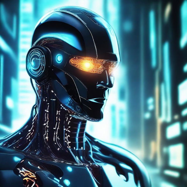 Create an image of a digital man, featuring a futuristic, cybernetic look with glowing elements and a high-tech environment