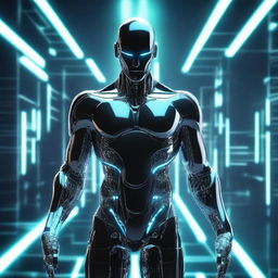 Create an image of a digital man, featuring a futuristic, cybernetic look with glowing elements and a high-tech environment