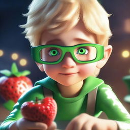 A realistic close-up of a young boy named Xander, with tousled blond hair and aviator glasses, staring in awe at his wrist