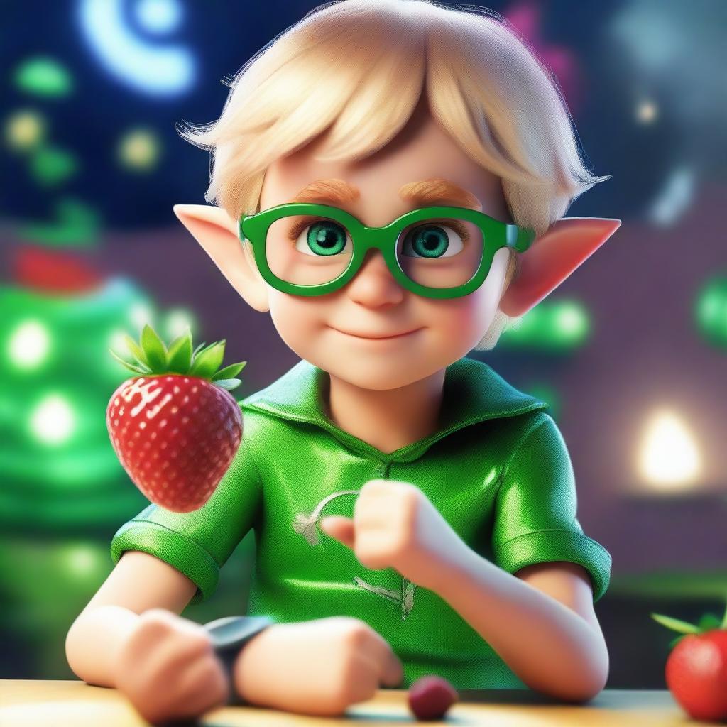 A realistic close-up of a young boy named Xander, with tousled blond hair and aviator glasses, staring in awe at his wrist