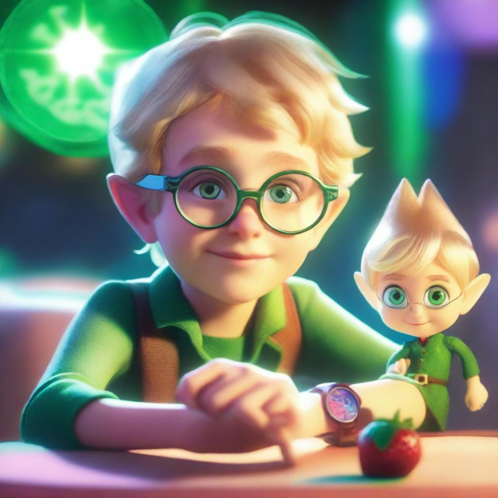 A young boy, Xander, with tousled blond hair and aviator glasses, gazes in wonder at his wrist, where a holographic miniature elf, LUBU, is projected from his modified watch