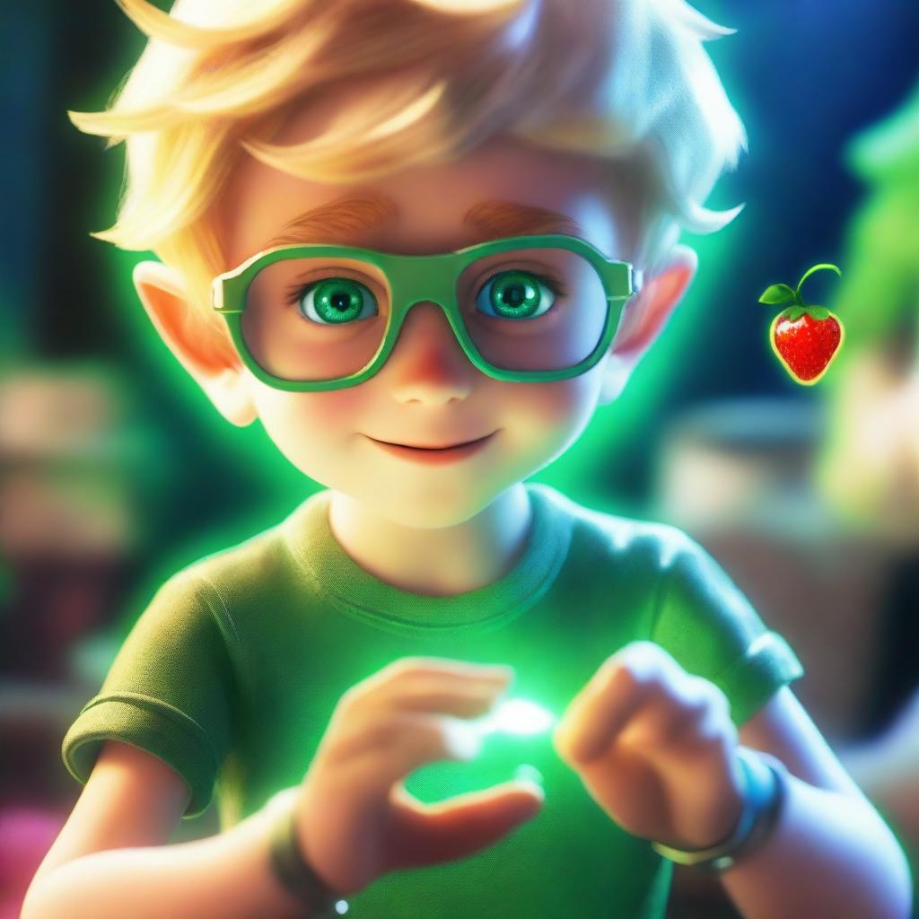 A young boy, Xander, with tousled blond hair and aviator glasses, gazes in wonder at his wrist, where a holographic miniature elf, LUBU, is projected from his modified watch