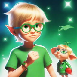 A young boy, Xander, with tousled blond hair and aviator glasses, gazes in wonder at his wrist, where a holographic miniature elf, LUBU, is projected from his modified watch