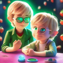 A young boy, Xander, with tousled blond hair and aviator glasses, gazes in wonder at his wrist, where a holographic miniature elf, LUBU, is projected from his modified watch