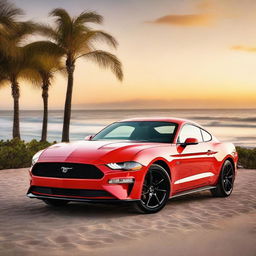 A stunning image of a Ford Mustang parked by the beachside during an evening sunset