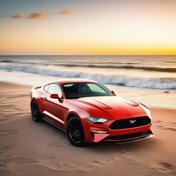 A stunning image of a Ford Mustang parked by the beachside during an evening sunset