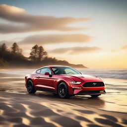 A stunning image of a Ford Mustang parked by the beachside during an evening sunset