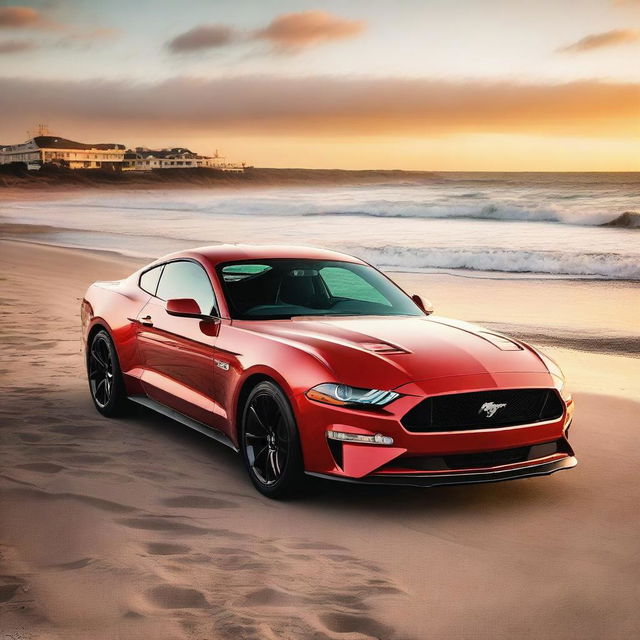 A stunning image of a Ford Mustang parked by the beachside during an evening sunset