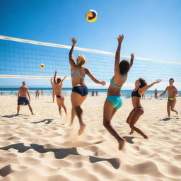 A vibrant scene of people playing beach volleyball under a clear blue sky