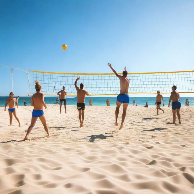 A vibrant scene of people playing beach volleyball under a clear blue sky