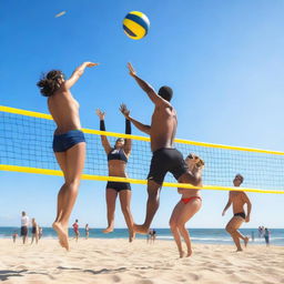 A vibrant scene of people playing beach volleyball under a clear blue sky