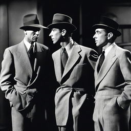 A black and white 1940s film noir photo featuring Humphrey Bogart, James Cagney, and Jimmy Stewart