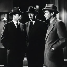 A black and white 1940s film noir photo featuring Humphrey Bogart, James Cagney, and Jimmy Stewart